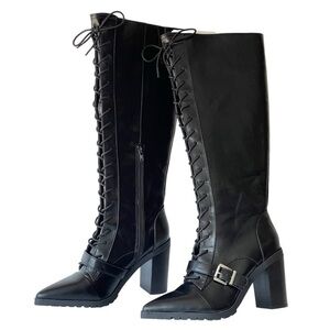 ($160) Charles David Women's Black Leather Knee High Platform Boots Lace Up, 8